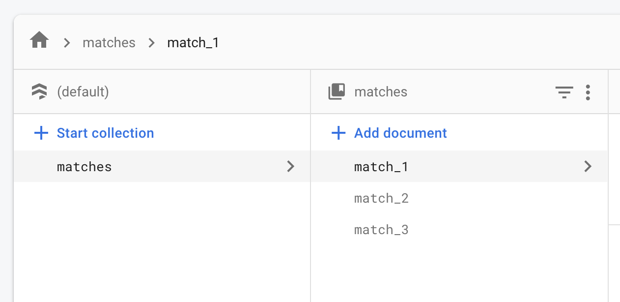 Screenshot of the Firebase Firestore data view with additional matches