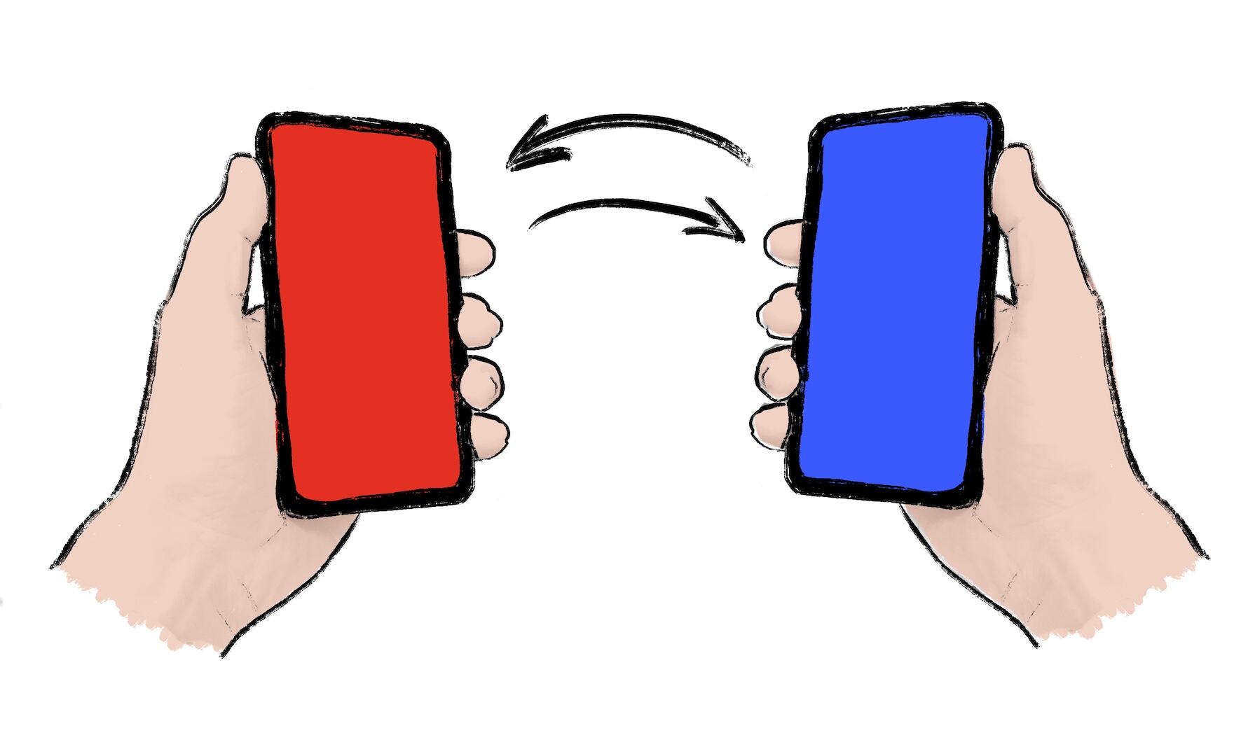 An illustration of two mobile phones and a two-way arrow between them