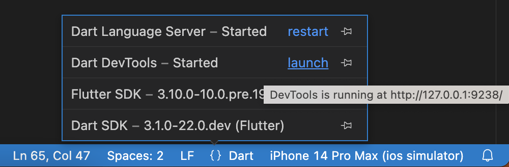 Screenshot showing DevTools in the VS Code language status area